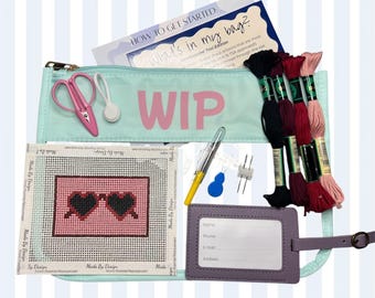 Heart Sunglasses Luggage Tag | Beginner Needlepoint Kit Project Travel Craft Vacation Gift Idea Handmade Canvas Easy Stitching Starter Hobby