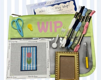 Stripe Tulip Magnetic Frame Self Finishing | Beginner Needlepoint Kit Starter Needlework Project Easy Stitching Craft Gift Idea Quick Finish