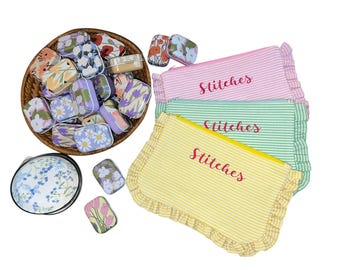 Needlepoint Accessory Bundle | Storage Pouch Seersucker Design Stitching Organization Thread Ceramic Bowl Needle Tin Magnetic Case