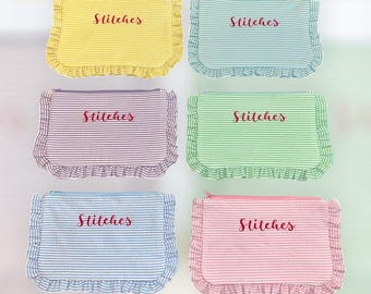 Seersucker Ruffle Zipper Pouch | Needlepoint Travel Case, Embroidery Organizer, Sewing or Cross Stitch Storage