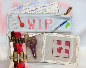 Beginner Needlepoint Starter Kit | Gingham Heart Design, Coquette Craft Canvas