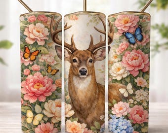 Deer Tumbler Wrap PNG, Floral Deer Butterfly Design, 20oz Skinny Sublimation File, Boho Woodland Cup Wrap, Nature Aesthetic Gift