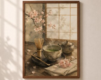 Japanese Tea Wall Art Matcha Printable Watercolor Cherry Blossom Kitchen Decor Calm Neutral Home Office Digital Download Gift for Tea Lover