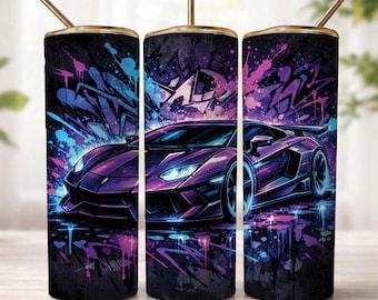 Supercar Tumbler Wrap PNG, Neon Sports Car 20oz Skinny Sublimation Design, Luxury Racing Graffiti Cup Wrap, Exotic Car Drinkware