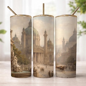 May include: Three stainless steel tumblers with gold-colored rims and straws. Each tumbler features a vintage-style painting of a European city with domes, columns, and people. The overall color palette is muted with beige, brown, and green.