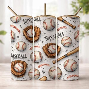 May include: A cylindrical tumbler with a straw featuring a repeating pattern of baseballs, brown leather gloves, and wooden bats on a white background. The word BASEBALL is printed in black text throughout the design, accompanied by small grey speckles and red stitching accents.