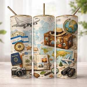 May include: A cylindrical travel-themed tumbler with a straw, featuring a collage of a globe, a vintage suitcase, a passport, a camera, binoculars, a compass, maps, aeroplanes, and currency, all set against a light-coloured background with travel motifs.