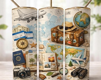 Travel Tumbler Wrap PNG, Adventure Collage Sublimation Design, Vintage Vacation Map Art, 20oz Skinny Tumbler Wrap Digital Download