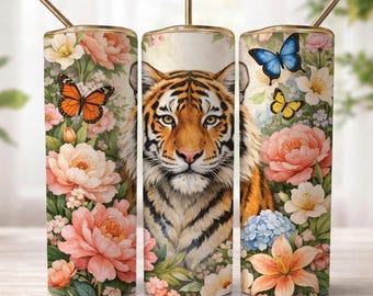 Tiger Tumbler Wrap PNG, Floral Tiger Butterfly Design, 20oz Skinny Sublimation File, Jungle Animal Cup Wrap, Bold Wildlife Gift