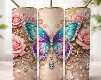 Butterfly Tumbler Wrap  PNG, Floral Butterfly 20oz Skinny Tumbler Design, Glitter Rose Sublimation Tumbler Wrap, Cricut Cut File