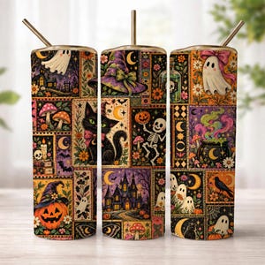 Halloween Tumbler Wrap PNG Retro Vintage Spooky Witchy Ghost Patchwork Sublimation Design 20oz Skinny Digital Download Halloween Lover Gift