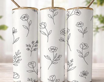 Envoltura floral minimalista para vaso PNG 300 DPI, diseño de sublimación recto y delgado de 20 oz, envoltura para vaso con diseño de flores con líneas negras