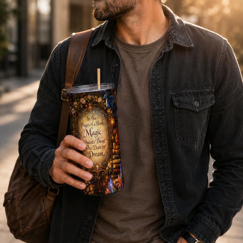 May include: A cylindrical stainless steel tumbler featuring a dark, ornate frame design with floral accents and a stack of books. The text reads: In the Pages of a Book, Magic Awaits Those Who Dare to Dream. It includes a thin, straight metal straw.