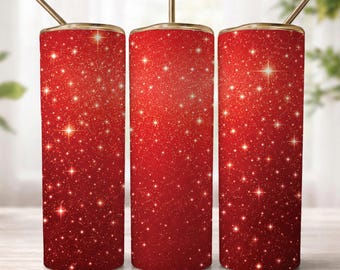 Red Glitter Tumbler Wrap PNG, Sparkly Gradient 20oz Skinny Sublimation Design, Starry Red Cup Wrap, Bold Glitter Drinkware