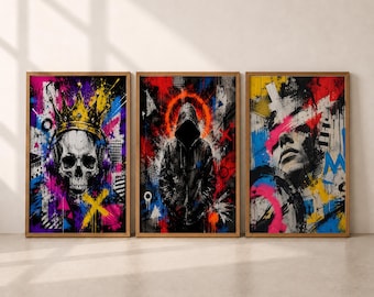 Urban Street Art Wall Decor Graffiti Wall Art Set of 3 Abstract Dark Prints Bedroom Gallery Digital Download Home Gift for Graffiti Artists