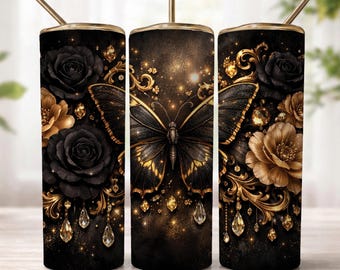 Black Gold Butterfly Tumbler Wrap PNG, Gothic Butterfly 20oz Skinny Sublimation Design, Luxury Floral Cup Wrap, Dark Elegant Butterfly