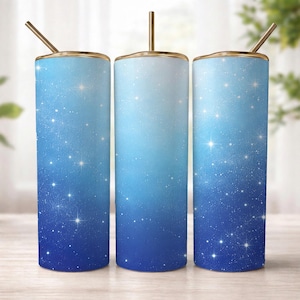 Blauwe glitter beker wrap, png, sprankelende kleurverloop 20oz mager sublimatie ontwerp, sterrenhemel beker wrap, esthetisch blauw drinkgerei