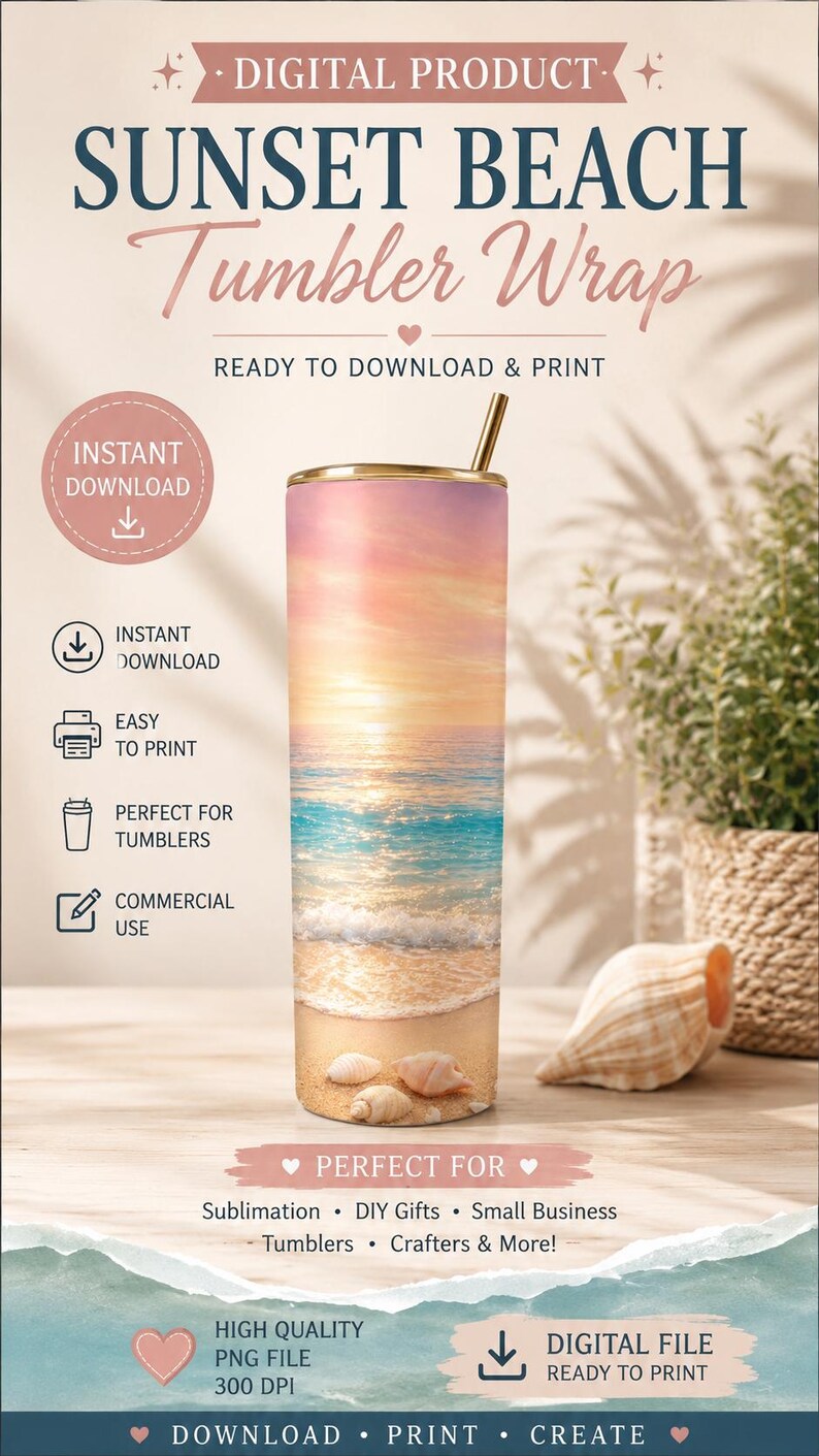 Pu&ograve; includere: Un prodotto digitale per un rivestimento per bicchieri Sunset Beach. Il design mostra un tramonto sull'oceano con una spiaggia sabbiosa e conchiglie alla base. Il testo include DIGITAL PRODUCT, SUNSET BEACH Tumbler Wrap e altro ancora.