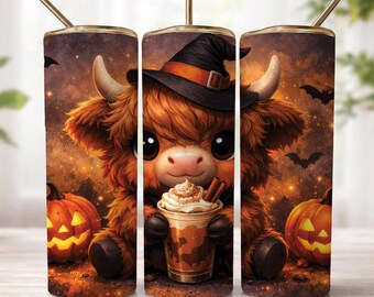 scary Highland Cow Tumbler Wrap PNG, Cute Witch Cow 20oz Skinny Sublimation Design, Pumpkin Latte Cow Cup Wrap, Spooky Fall Drinkware