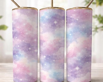 Pastel Galaxy Tumbler Wrap PNG 300 DPI, 20oz Skinny Straight Sublimation Design, Pink Purple Blue Cloud Cup Wrap