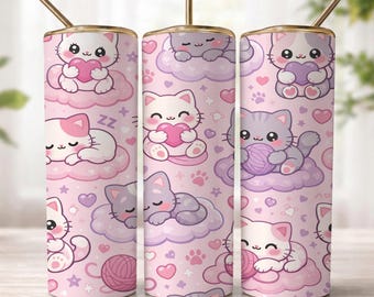 Cute Cat Tumbler Wrap PNG 300 DPI, 20oz Skinny Straight Sublimation Design, Kawaii Kitten Hearts Cloud Cup Wrap