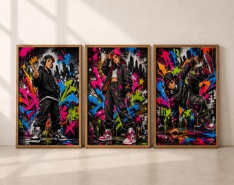 Urban Street Art Wall Decor Graffiti Wall Art Set of 3 Hip Hop Dancer Teen Bedroom Gaming Room Posters Digital Download Art Gift for Him