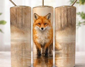 Fox Tumbler Wrap PNG, Woodland Animal Sublimation Design, Rustic Forest Fox Art, 20oz Skinny Tumbler Wrap Digital Download