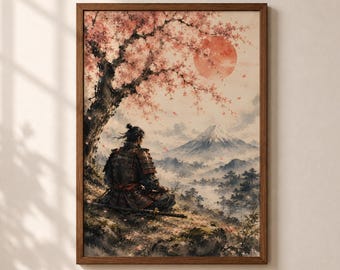 Samurai Wall Art Digital Download Japanese Landscape Mount Fuji Decor Cherry Blossom Poster Peaceful Watercolor Art Gift for Japan Lover