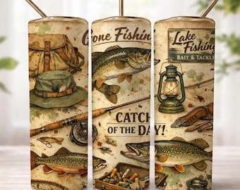 Fishing Tumbler Wrap PNG, Vintage Lake Fisherman Design, Rustic Outdoor Sublimation, Catch of the Day 20oz Skinny Tumbler File