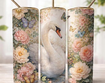 Swan Tumbler Wrap PNG, Floral Swan Butterfly Design, 20oz Skinny Sublimation File, Elegant Bird Cup Wrap, Boho Nature Aesthetic Gift