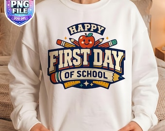 Happy First Day Of School PNG Retro Back To School Sublimation Design Pencil Apple Digital Download Teacher Gift For Boys Classroom Artwork