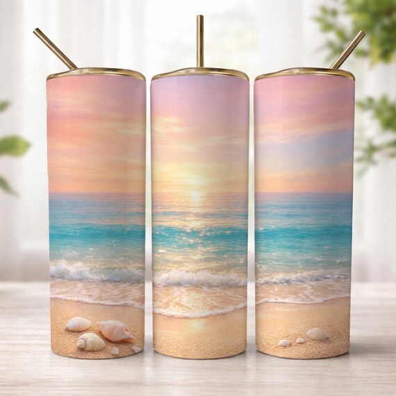 Beach Sunset Tumbler Wrap PNG, Ocean Waves Coastal Design, Summer Aesthetic Sublimation, 20oz Skinny Tumbler Wrap Digital Download