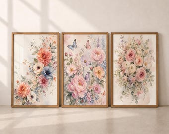 Floral Wall Art Set of 3 Watercolor Flower Printable Art Romantic Feminine Bedroom Decor Soft Pastel Gallery Prints Gift for Women Digital