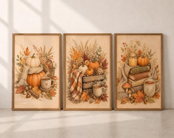 Cozy Autumn Wall Art Set Fall Printable Wall Art Pumpkin Wall Art Set of 3 Vintage Harvest Library Decor Living Room Digital Download Gift