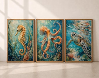 Ocean Animal Wall Art Digital Download Sea Life Printable Art Underwater Wall Print Coastal Wall Decor Beach House Set of 3 Gift for Women