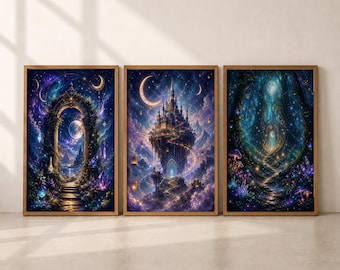 Fantasy Wall Art Set of 3 Celestial Fantasy Wall Art Magical Castle Poster Mystical Forest Printable Bedroom Wall Decor Set Digital Art Gift