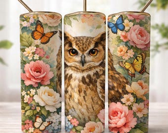 Owl Tumbler Wrap PNG, Floral Owl Butterfly Design, 20oz Skinny Sublimation File, Woodland Bird Cup Wrap, Boho Nature Aesthetic Gift