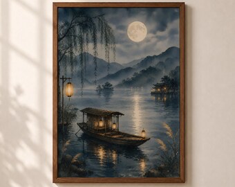 Japanese Boat Wall Art Moonlit Lake Print Peaceful Mountain Japanese Watercolor Printable Download Home Office Decor Gift for Japan Lover