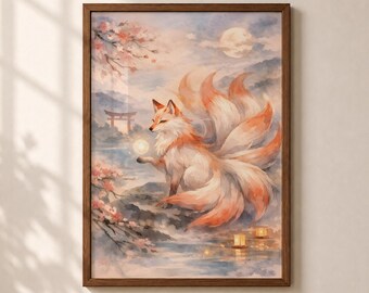 Kitsune Wall Art Nine Tailed Fox Poster Japanese Watercolor Art Cherry Blossom Wall Decor Mystical Fantasy Printable Art Gift for Fox Lover