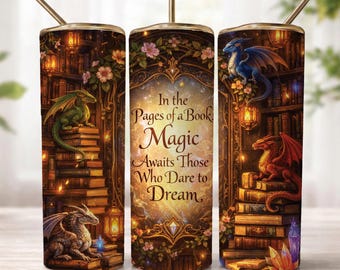 Dragon Book Tumbler Wrap PNG, Fantasy Library Quote 20oz Skinny Sublimation Design, Magical Reading Cup Wrap, Book Lover Dragon Drinkware