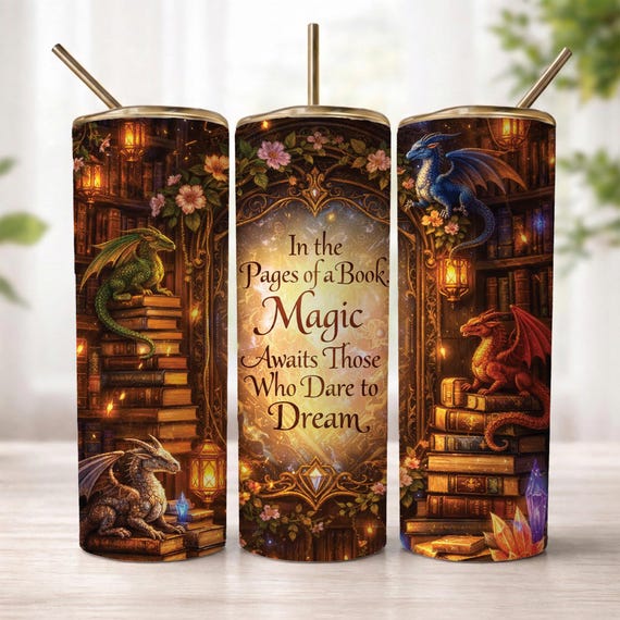 Dragon Book Tumbler Wrap PNG, Fantasy Library Quote 20oz Skinny Sublimation Design, Magical Reading Cup Wrap, Book Lover Dragon Drinkware