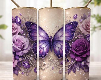Purple Butterfly Tumbler Wrap  PNG, Floral 20oz Skinny Tumbler Design, Rose Crystal Sublimation Wrap, Glitter Butterfly Cricut Cut File