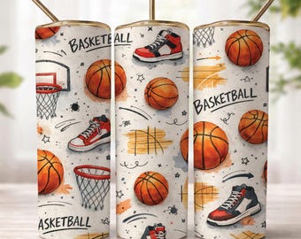 Basketball Tumbler Wrap PNG, Sports 20oz Skinny Sublimation Design, Vintage Basketball Pattern Cup Wrap, Player Fan Gift