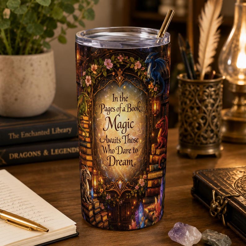 May include: A cylindrical tumbler with a clear lid and a gold metal straw. The exterior features a colourful illustration of a library archway, dragons, and flowers, with the text: In the Pages of a Book, Magic Awaits Those Who Dare to Dream.