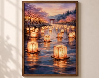 Floating Lantern Print Japanese Watercolor Art Cherry Blossom Wall Decor Serene Lake Digital Download Peaceful Japan Lover Gift Nature Trip