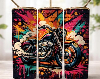 Motorcycle Tumbler Wrap PNG, Retro Biker 20oz Skinny Sublimation Design, Graffiti Street Art Bike Cup Wrap, Chopper Drinkware Digital
