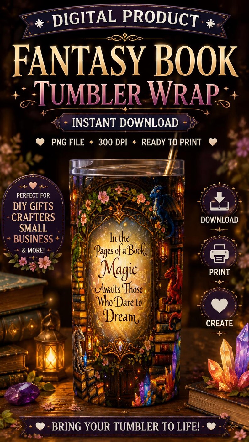 May include: A digital tumbler wrap design featuring a fantasy library theme with stacks of books, glowing lanterns, colourful crystals, and a small dragon. The central text reads: In the Pages of a Book, Magic Awaits Those Who Dare to Dream. The design is a PNG file.