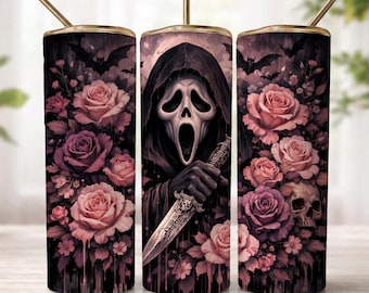 Horror Skull Tumbler Wrap PNG, Gothic Rose Grim Reaper Design, Dark Halloween Sublimation, 20oz Skinny Tumbler File