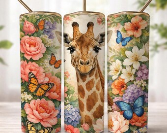 Giraffe Tumbler Wrap PNG, Floral Giraffe Butterfly Design, 20oz Skinny Sublimation File, Safari Animal Cup Wrap, Cute Wildlife Gift