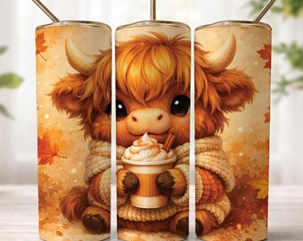 Highland Cow Fall Tumbler Wrap PNG, Cute Autumn Cow 20oz Skinny Sublimation Design, Pumpkin Spice Coffee Cow Cup Wrap, Cozy Fall Drinkware